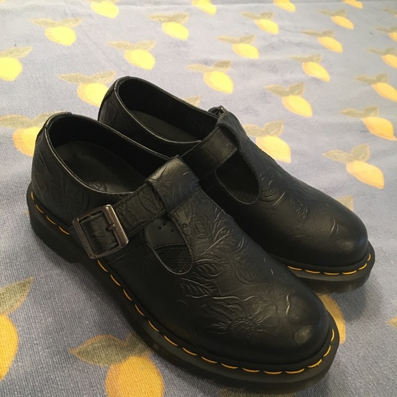 dr martens black polley floral emboss flat shoes